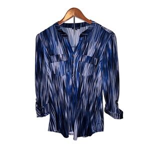 Ava & Grace Blouse Women's S Blue Abstract Stripe Roll Tab Sleeve Modern
